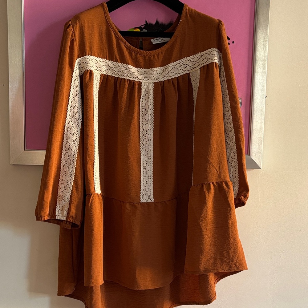 Rust Crochet-Trim Peasant Blouse - Women's Top